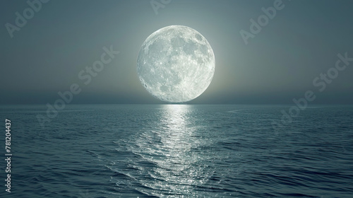 full moon rising over a calm ocean, casting a path of shimmering silver on the water surface. 
