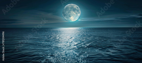 full moon rising over a calm ocean, casting a path of shimmering silver on the water surface. 