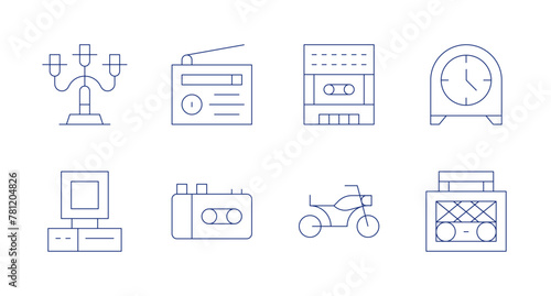 Retro icons. Editable stroke. Containing candelabra, computer, taperecorder, radio, walkman, classic, tableclock. photo