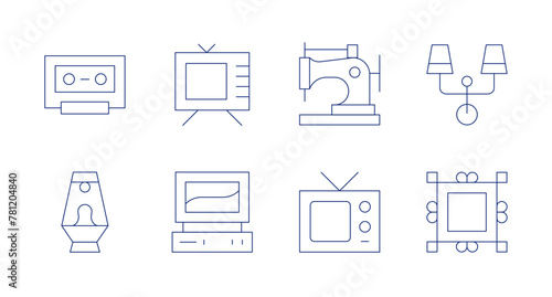 Retro icons. Editable stroke. Containing cassete, lavalamp, tv, computer, sewingmachine, walllamp, frame.