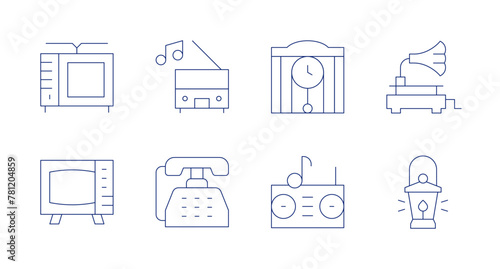 Retro icons. Editable stroke. Containing music, television, clock, radio, phone, lantern, gramophone.
