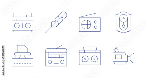Retro icons. Editable stroke. Containing typewriter, tape, quill, boombox, radio, wallclock, videocamera.