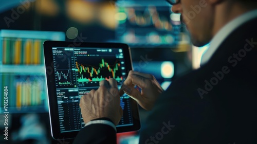 A trader adjusting their trading strategy based on real-time market data displayed on a tablet screen. 