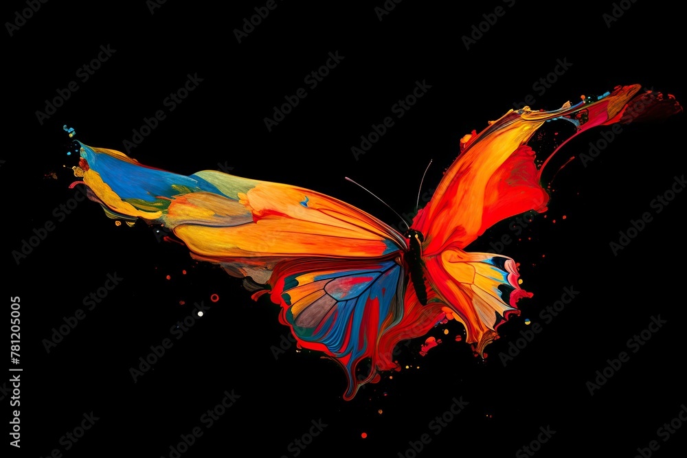 Obraz premium Butterfly in mid-flight, with wings frozen in vibrant hues. The fast shutter speed and vivid colors draw inspiration from the energy and palette of wildlife
