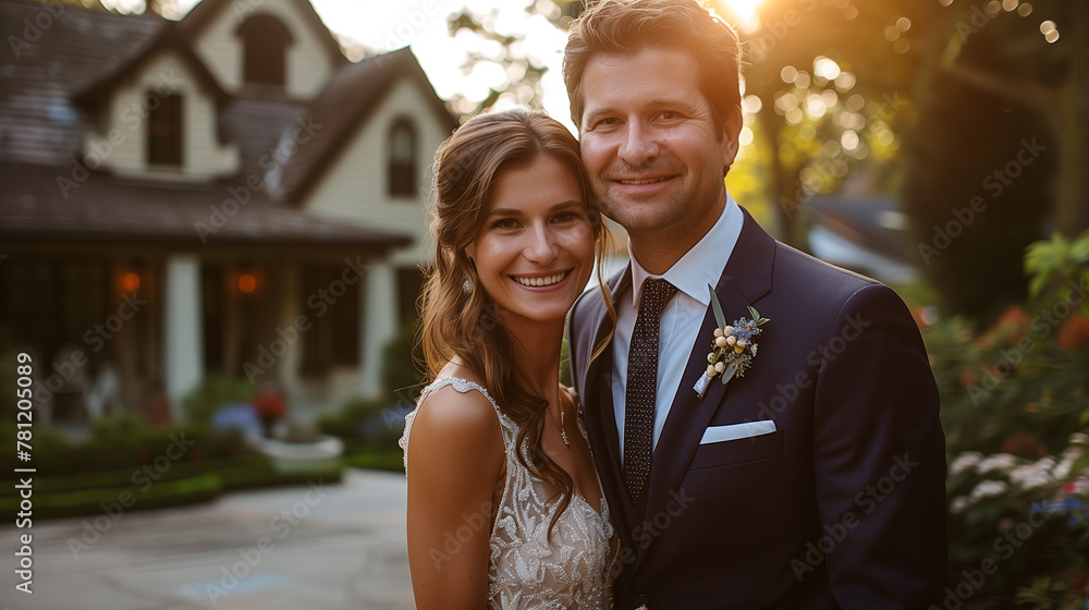 A smiling couple stands happily in a driveway leading to a large house A smiling couple stands happily in a driveway leading to a large house