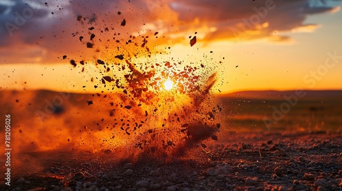 Precise moment a clay pigeon shatters into fragments against the backdrop of a vivid sunset. The use of high-speed photography freezes the explosion, creating a stunning array of suspended debris.