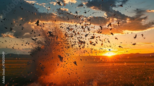 Precise moment a clay pigeon shatters into fragments against the backdrop of a vivid sunset. The use of high-speed photography freezes the explosion, creating a stunning array of suspended debris.