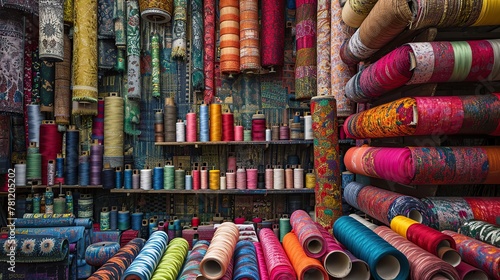 Bustling energy of a haberdashery shop, with bolts of colorful fabrics and spools arranged in a vibrant tapestry. photo