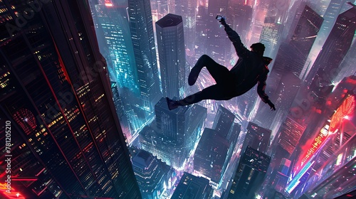 Super-spy superhero in a mid-air leap between skyscrapers, with a sleek, futuristic gadget in hand. The modern cityscape below, illuminated by neon lights, adds a sense of high-tech espionage.