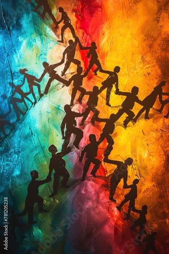 Progress in teamwork: Silhouettes of diverse individuals, hands interlocked, forming a human bridge across a vibrant abyss. The teamwork symbolism is enhanced by a harmonious blend of warm and cool