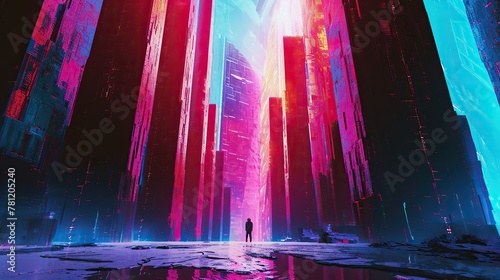 Concept of exponential growth through a surreal landscape of towering, geometric structures emerging from a single point. Vibrant, neon colors reminiscent of the cyberpunk genre.