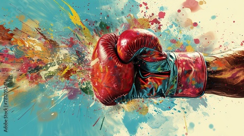 Boxer glove exploding into a burst of colorful abstract shapes, conveying the disorienting impact of punches. The composition captures the energy and chaos of a fight.