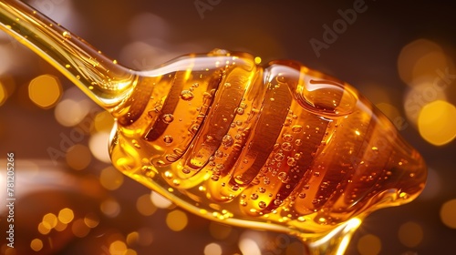 liquid honey oozing down the sides of a honey dipper, frozen in mid-air, highlighting the viscosity and amber hues.