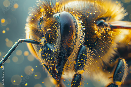 A close-up shot where pollen grains on a bee's back are actually tiny worlds, each with its own land