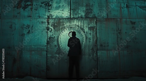 Silhouette of a person casting a shadow on a steel door adorned with a massive, futuristic keyhole. The stark contrast between the dark figure and the metallic surroundings creates a sense of intrigue