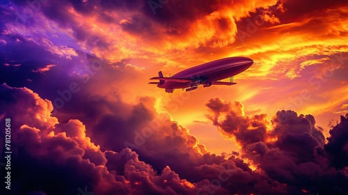 Majestic zeppelin soaring through a fiery sunset sky, its sleek silhouette outlined against vibrant hues of orange and purple.