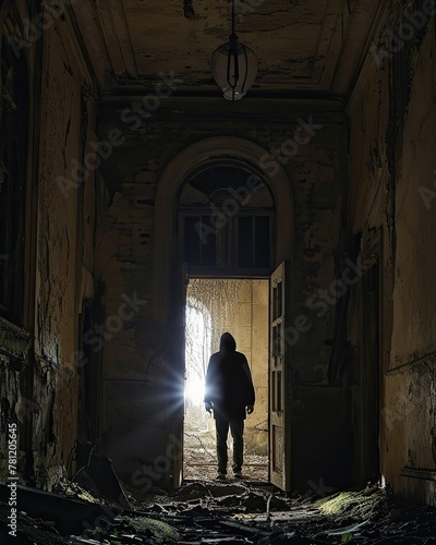 Silhouette of a mysterious figure with a flashlight, standing in the shadows just inside the entrance of an old, abandoned building. The play of light and darkness conveys a sense of suspense. © Oskar Reschke