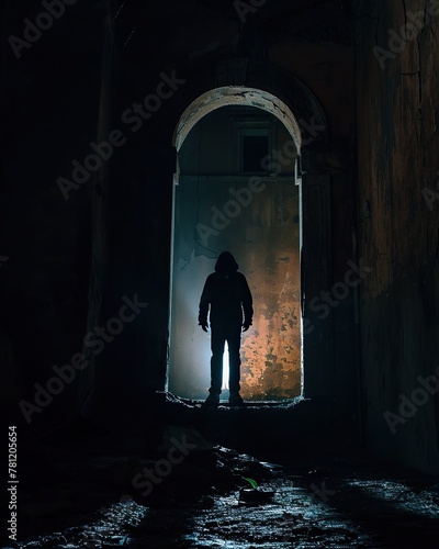 Silhouette of a mysterious figure with a flashlight, standing in the shadows just inside the entrance of an old, abandoned building. The play of light and darkness conveys a sense of suspense. © Oskar Reschke