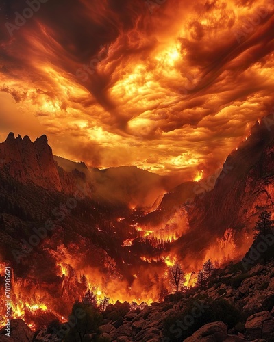 Intense flames of a scorching wildfire, with the orange and red hues dominating the landscape. The image conveys the destructive power and relentless force of nature. photo