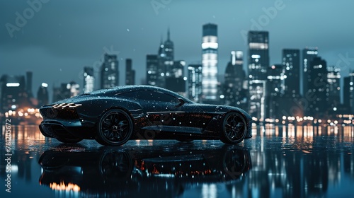 Sleek silhouette of a luxury car covered in a glossy black ice-like coating, parked against a backdrop of a modern urban skyline at night. The reflections of city lights on the glossy surface.