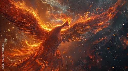 Majestic Fiery Phoenix Soaring Amidst Cosmic Stars and Nebulae, Illuminating the Dark Space with its Radiant Flames photo