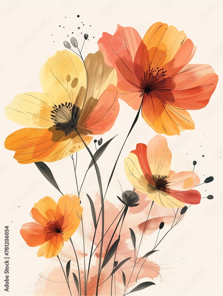 Elegant vector depiction of yellow and peach cosmos flowers, employing minimalist lines and muted colors to create a serene ambiance against a white backdrop, reminiscent of watercolor paintings.
