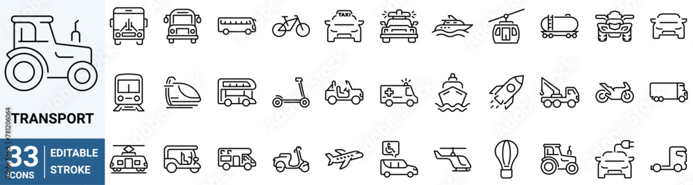 Transport web line icons. Containing car, bike, plane, train, bicycle, motorbike, bus and scooter. Editable stroke. Vector illustration Transport web line icons. Containing car, bike, plane, train, bicycle, motorbike, bus and scooter. Editable stroke. Vector illustration