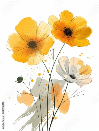 Clean and minimalistic vector artwork portraying yellow cosmos flowers in a subdued watercolor style, accentuated by gentle lines and set against a pristine white background. © Sweet.Duck