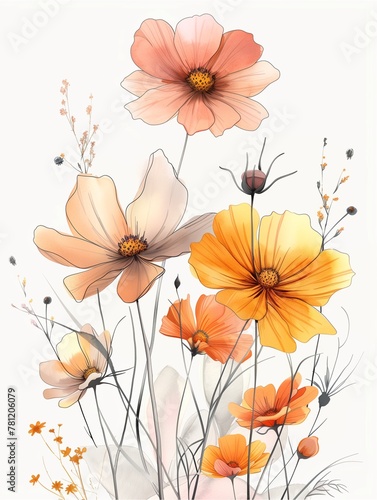 Watercolor crafted illustration showcasing yellow and pink cosmos flowers with minimalist strokes and subtle colors against a pristine white background.