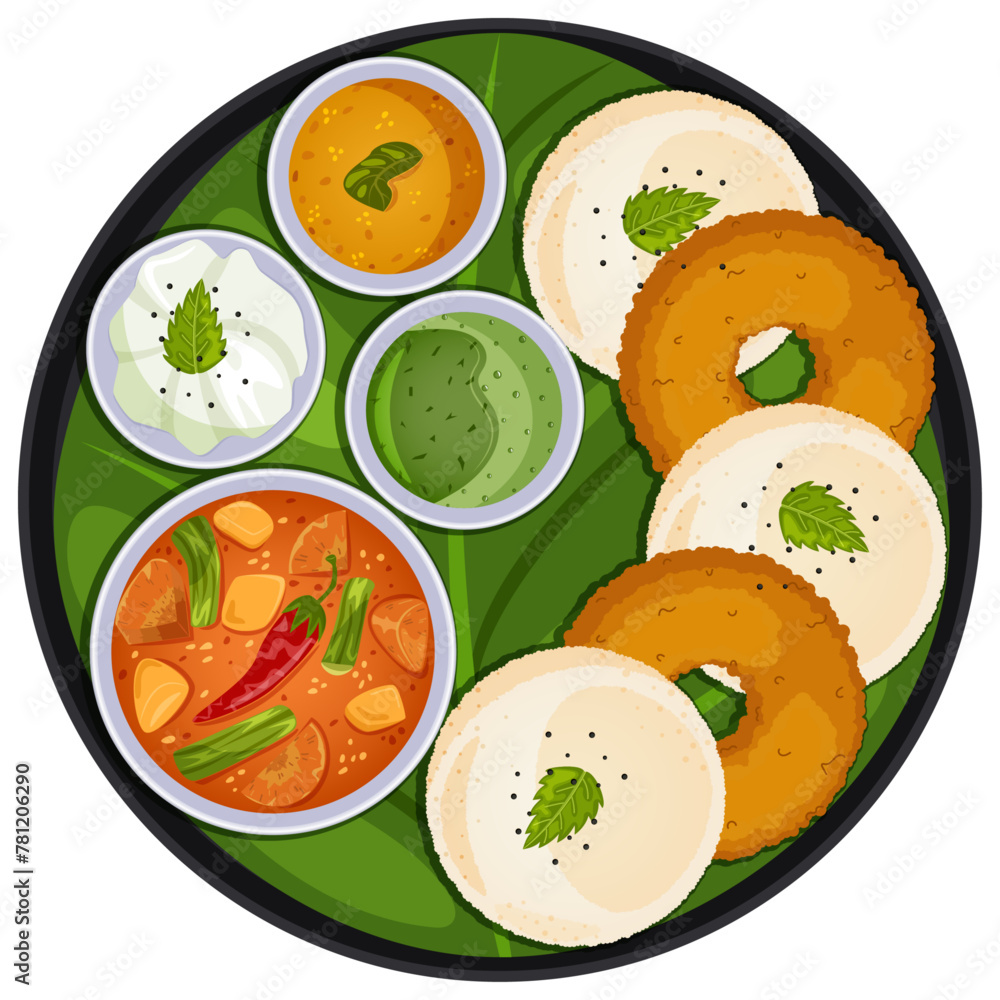 Idli Vada Sambar & Chutneys South Indian Thali Top View Illustration