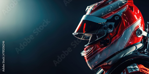 A close-up profile shot of a sleek motorcycle helmet with red accents, set against a dark, moody background. 