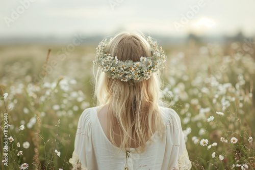 A blonde woman wearing a flower crown stands in a field of white flowers. The scene is serene and peaceful, with the woman looking out into the distance. The flowers in the field are scattered through