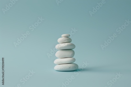 A stack of white rocks on a blue background. Concept of calm and serenity, as the rocks are arranged in a way that suggests a peaceful and tranquil setting