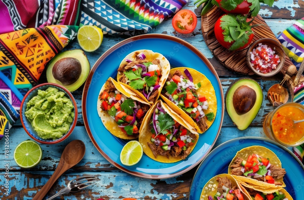 A plate of four tacos with a side of guacamole and salsa. The table is set with a variety of Mexican dishes and condiments
