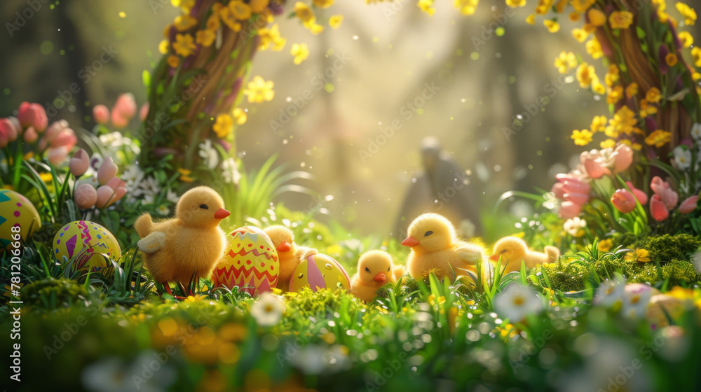 Beautiful Easter scene with small yellow chicks on the grass, colorful eggs and flowers in front of an archway Beautiful Easter scene with small yellow chicks on the grass, colorful eggs and flowers in front of an archway