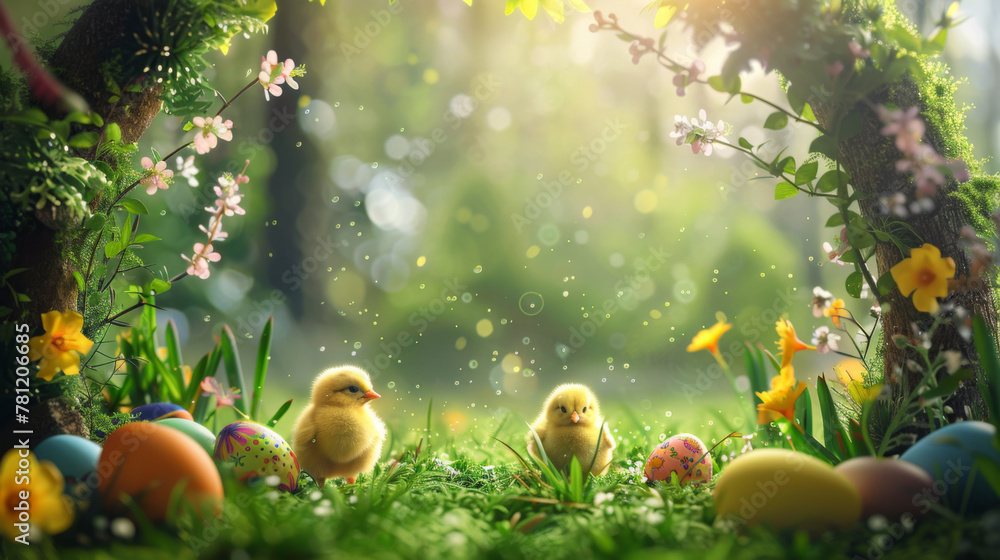 Beautiful Easter scene with small yellow chicks on the grass, colorful eggs and flowers in front of an archway Beautiful Easter scene with small yellow chicks on the grass, colorful eggs and flowers in front of an archway