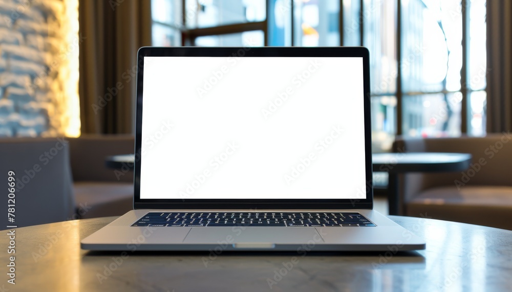 Fototapeta premium A laptop is open on a table with a white screen