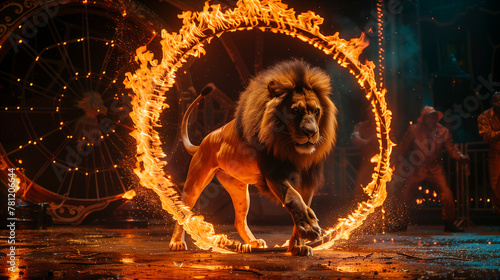 A circus animal showing troupe performing a lion jumping through a ring of fire photo