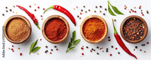 An assortment of spices including turmeric, paprika, and peppercorns in terracotta bowls, adorned with fresh herbs and red chili peppers on a white backdrop.	
 photo