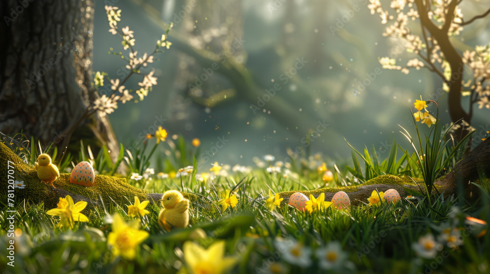 Fototapeta premium Beautiful Easter scene with small yellow chicks on the grass, colorful eggs and flowers in front of an archway