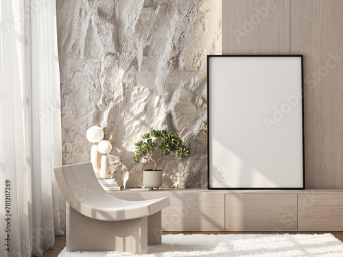 Frame mockup, ISO A paper size. Living room wall poster mockup. Interior mockup with house background. Modern interior design. 3D render  © mtlapcevic