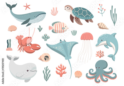 Sea and ocean underwater animals. Cute turtle, whale, dolphin, octopus and other. Childish flat cartoon vector illustration. Isolated on white background