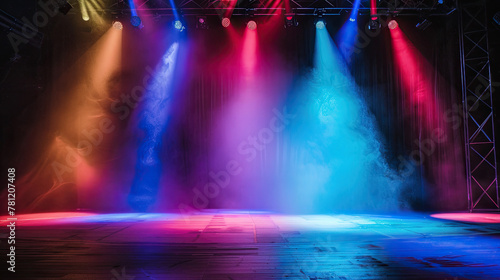 Empty stage with colorful spotlights. Scene lighting effects. on black