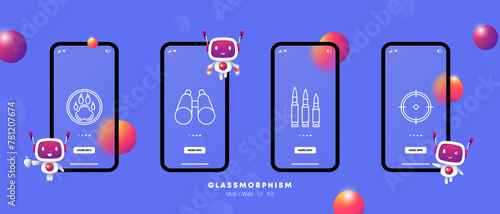 Weapons set icon. Bear paw badge, huntsman crest, sight, crosshair, bullet, caliber, binoculars, lenses, bowstring, gradient. Concept of hunting and hunting weapons. Glassmorphism style.