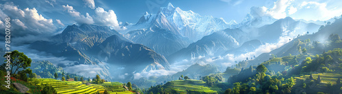 A beautiful mountain landscape with a few trees and a few houses. The sky is blue and the mountains are covered in snow
