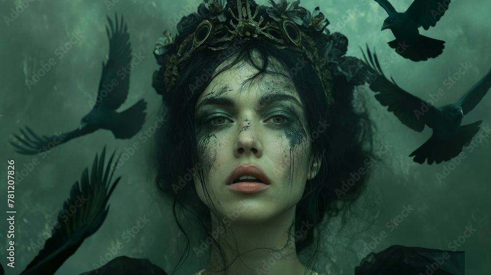woman with dark gothic pagan Morrigan goddess makeup and crows. 