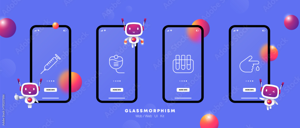 Medical equipped icon set. Syringe, container, needle, equipment, dropper, liquid, flask, hand, finger, blood, flat design, gradient. Medical research concept. Glassmorphism style. Medical equipped icon set. Syringe, container, needle, equipment, dropper, liquid, flask, hand, finger, blood, flat design, gradient. Medical research concept. Glassmorphism style.