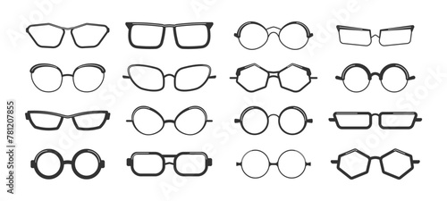 Set of sunglasses, glasses isolated on white background. Fashion spectacles accessory. Glasses model icons, men, women frames.