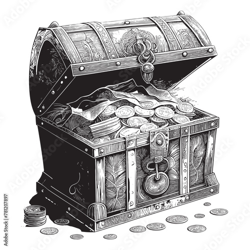 Chest with money and coins hand drawn sketch Vector illustration