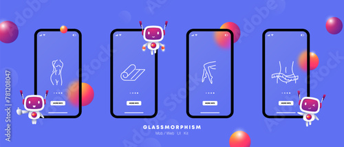 Female beauty set icon. Beautiful female figure, depilation, depilatory strips, comb, skin care, collagen, hydrogen, beauty, mat, beauty, gradient. Self care concept. Glassmorphism style.